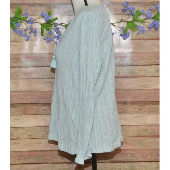 J. Jill Ladies Blue Striped Pullover Blouse XL Embroidered Tassels V-Neck Tunic - Picture 4 of 9